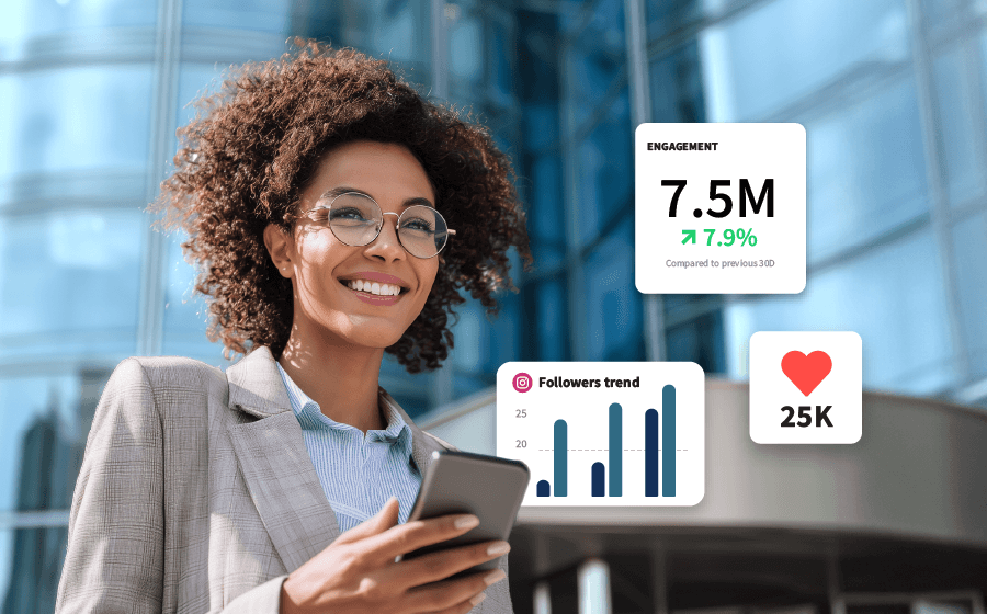 Mujer con un móvil rodeada de gráficos y tablas