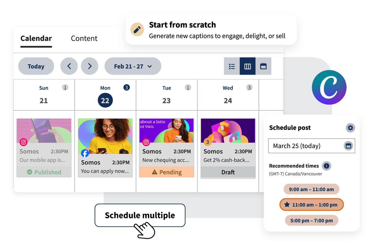 Calendario de contenido de Hootsuite con redactor de IA, logotipo de Canva y los mejores momentos para publicar