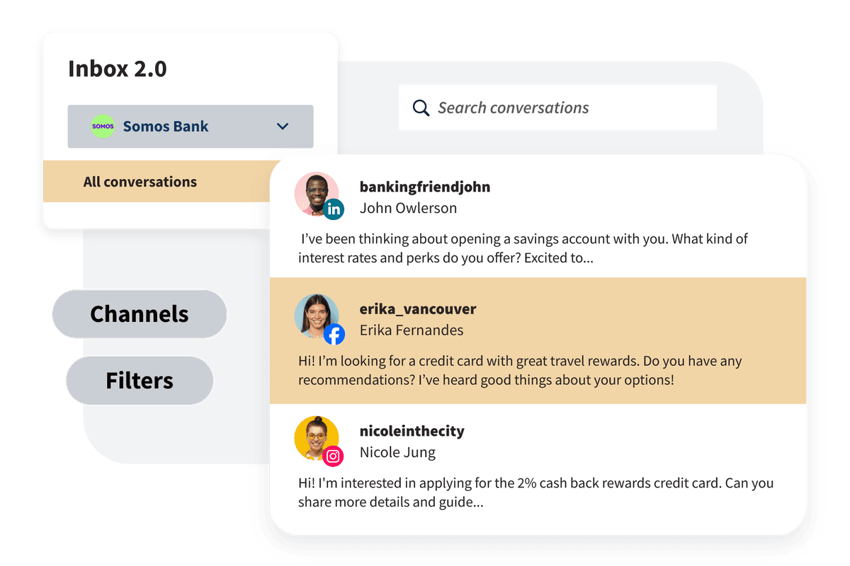 Bandeja de entrada de Hootsuite 2.0 mostrando filtros, canales y búsqueda