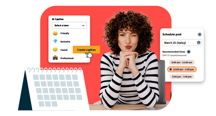 Hombre con ordenador portátil rodeado de funciones de la suite Hoot, como programación, análisis e inteligencia artificial de contenidos.