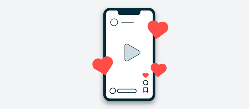 Ilustración de un smartphone mostrando una interfaz de reproductor de vídeo con iconos de corazón rojo flotando alrededor de la pantalla