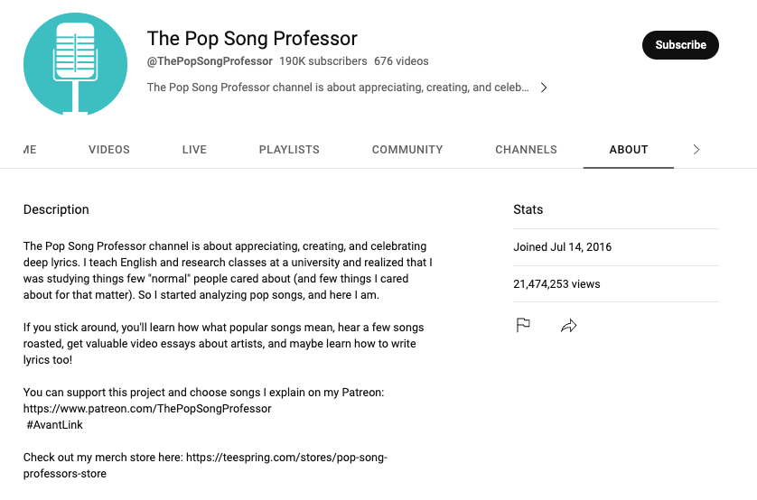 Captura de pantalla de la descripción del canal de música de YouTube