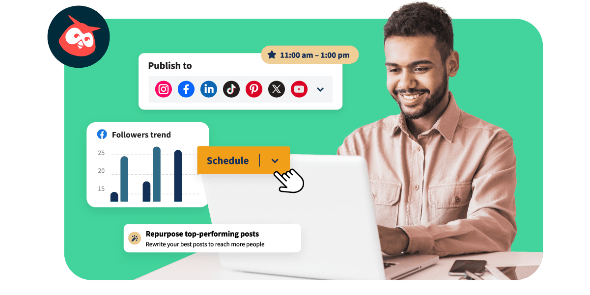 Un hombre utiliza alegremente su portátil, con capturas de pantalla de la herramienta Hootsuite superpuestas.