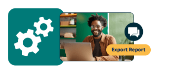 Hombre trabajando en un portátil con icono de ajustes y botón "Exportar informe"
