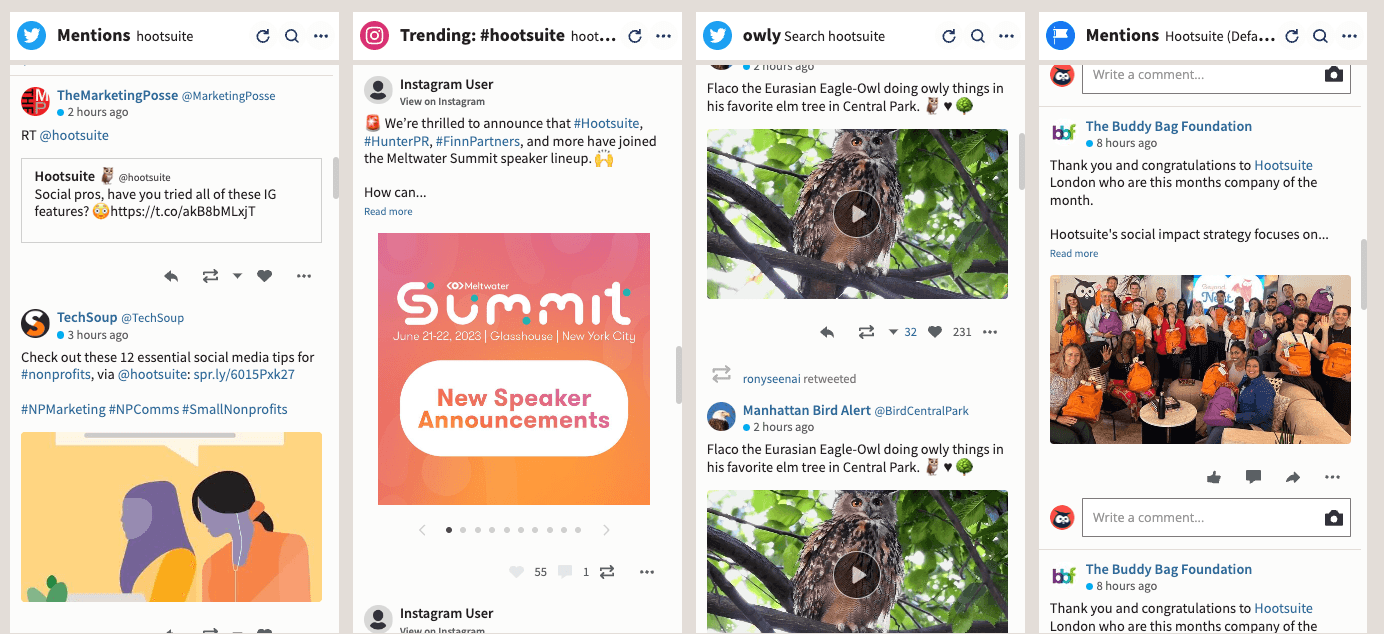 captura de pantalla de un panel de control de hootsuite con todas las menciones de la marca en diferentes plataformas de redes sociales