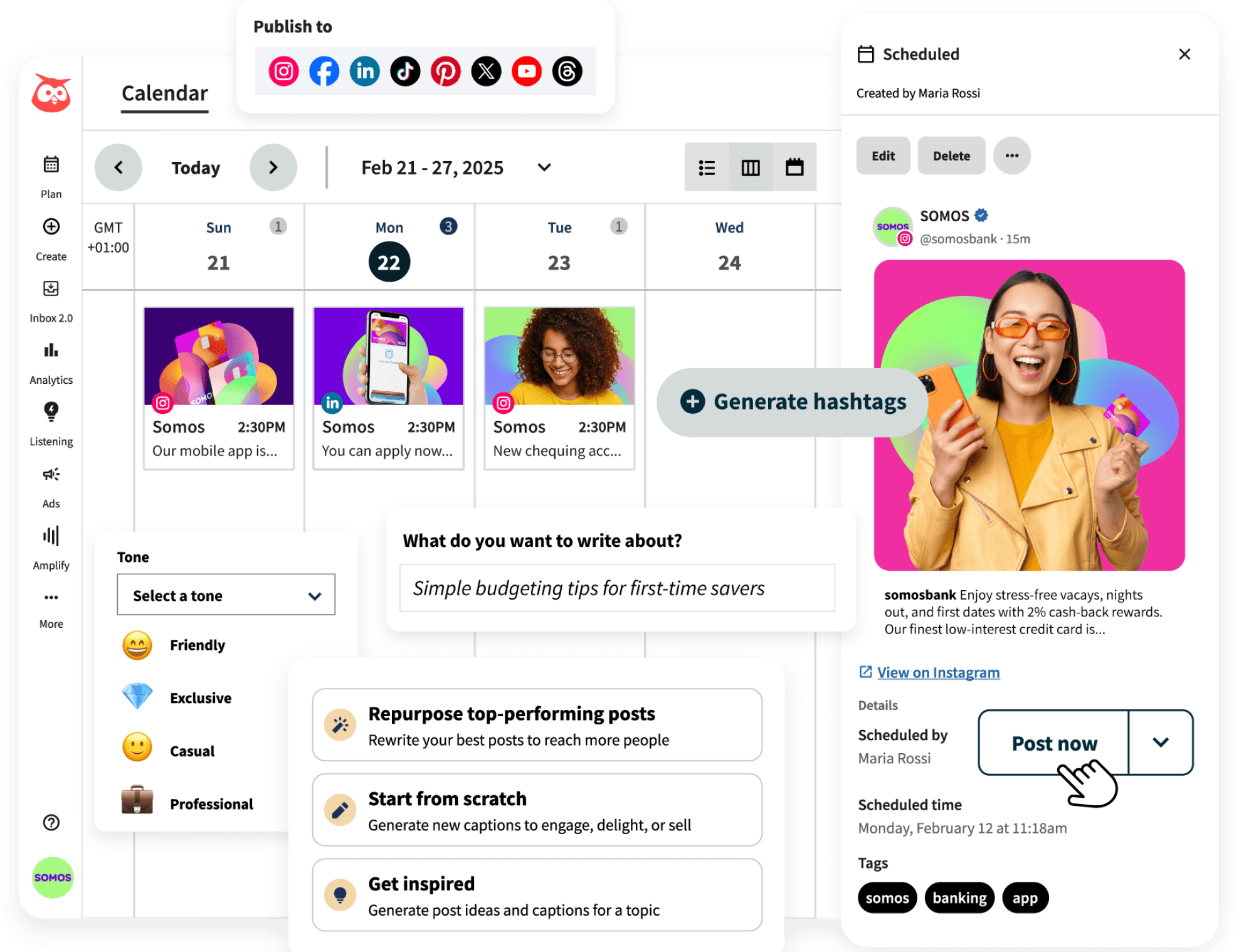 Panel de control de Hootsuite con funciones de automatización