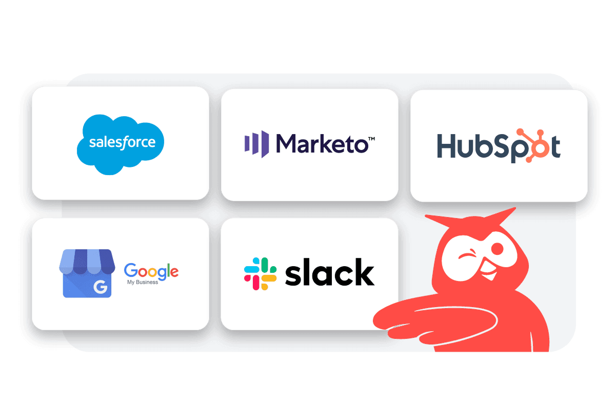 Logotipos de plataformas de software empresarial: Salesforce, Marketo, HubSpot, Google My Business y Slack organizados en una cuadrícula