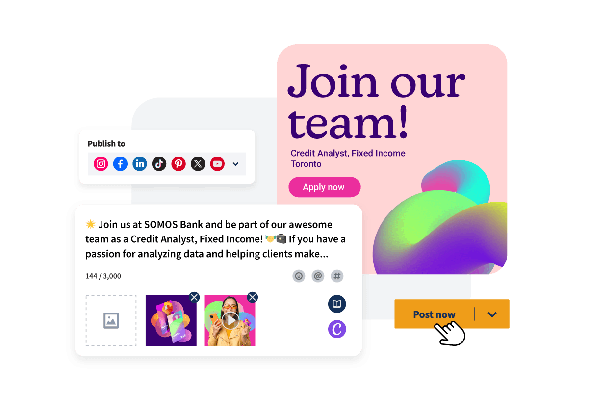 Publicación en redes sociales que dice "estamos contratando" con el botón Compartir