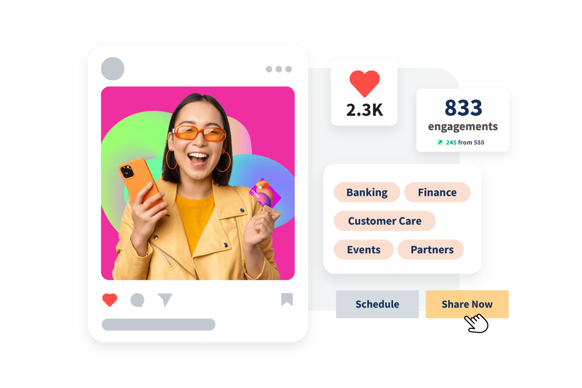Gráfico que muestra una publicación en redes sociales con interacciones, me gusta y etiquetas