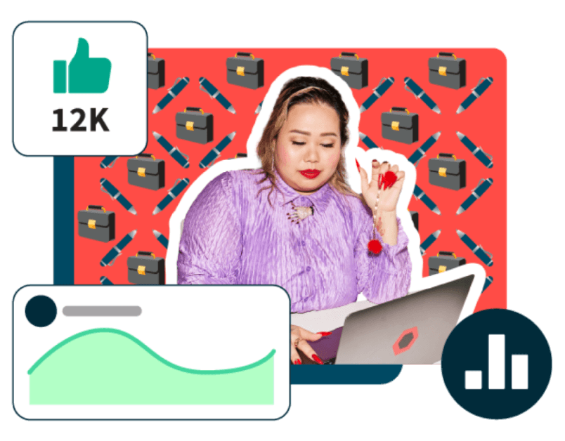 Hombre trabajando en un portátil con gráficos que muestran el panel de control de Hootsuite