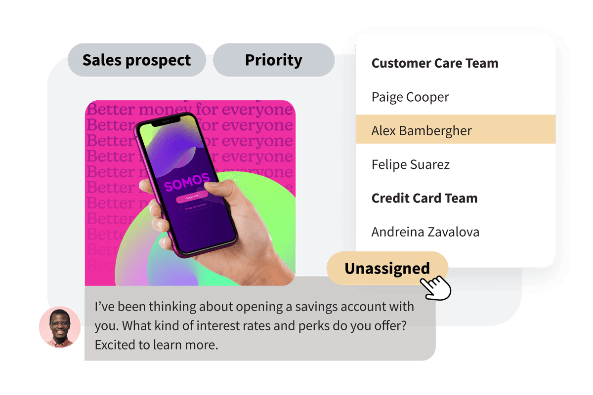 Bandeja de entrada de Hootsuite con asignaciones de equipo y prioridad
