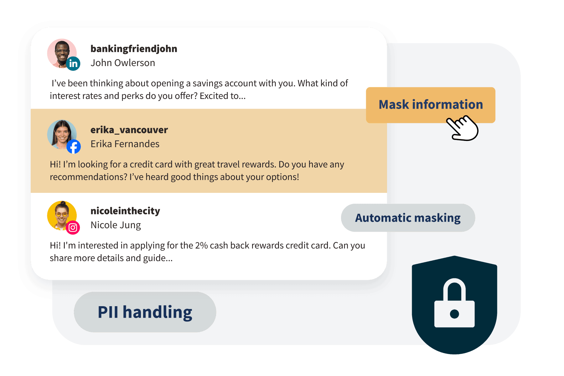 Bandeja de entrada de Hootsuite con gestión de PII, enmascaramiento automático de mensajes e icono de candado